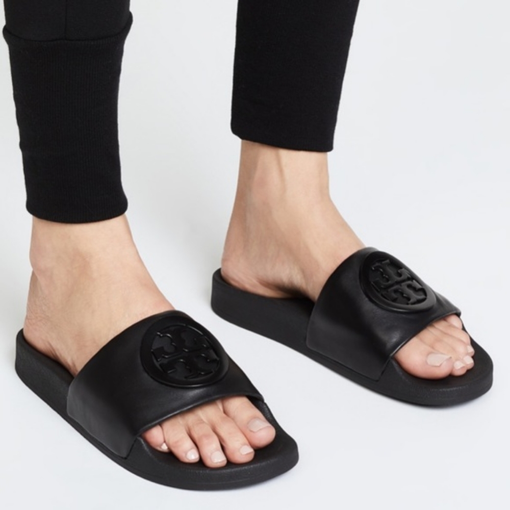 Tory Burch black leather slides slippers sandals 9